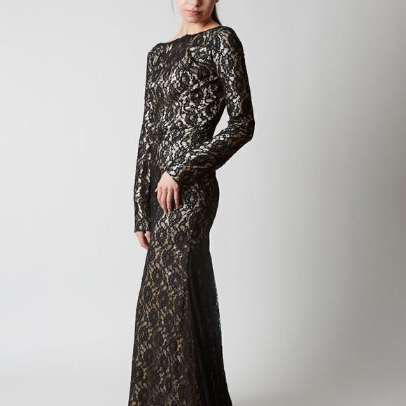 Black Lace Formal Gown Grad Bridesmaid Low Back with Train - Picture 4 of 15